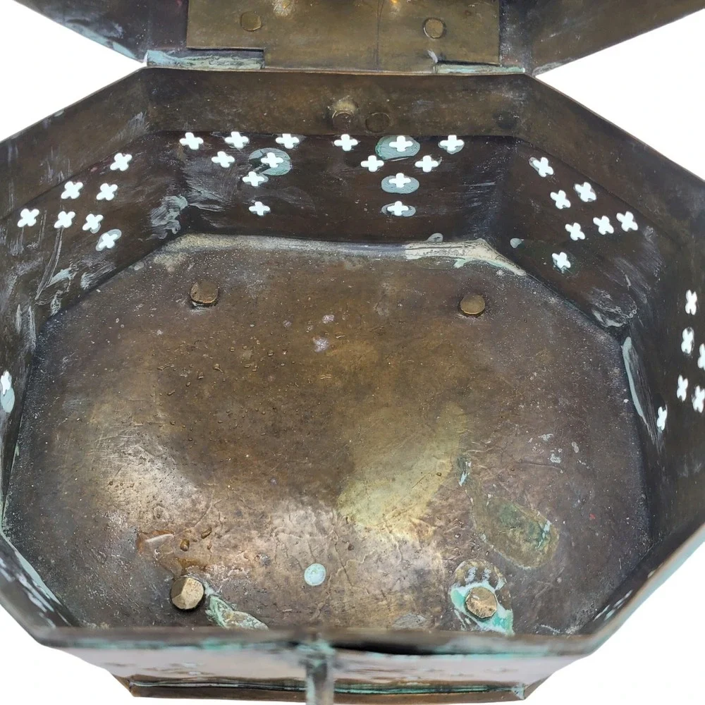 Brass Box Pierced Metal Cricket Cage Hexagon Trinket India Ethnic Boho‎ Storage